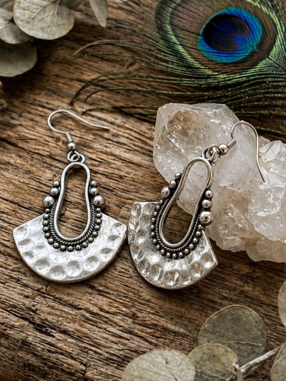 Antique Silver Plated Hammered Fan Statement Drop Dangle Earrings Boho Chic